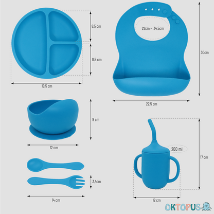 Coffret repas bébé complet – Vaisselle bébé silicone antidérapant (Assiette ventouse, bol, tasse, couverts) Sans BPA